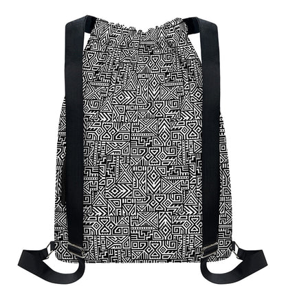 Black And White Geometric African Print Drawstring Backpack