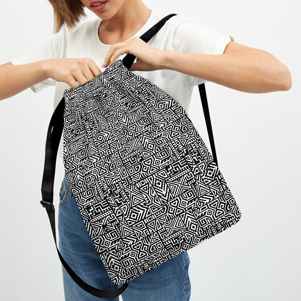 Black And White Geometric African Print Drawstring Backpack