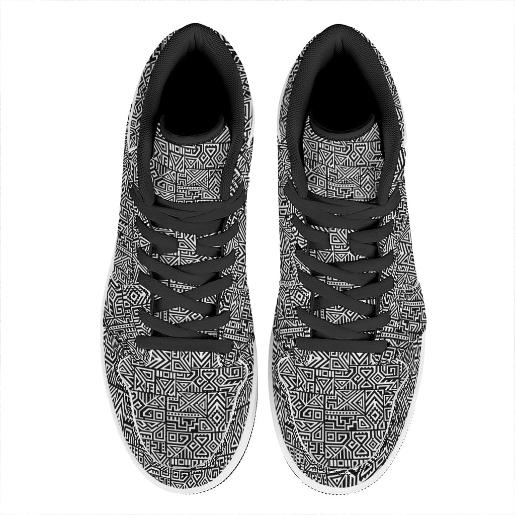 Black And White Geometric African Print High Top Leather Sneakers