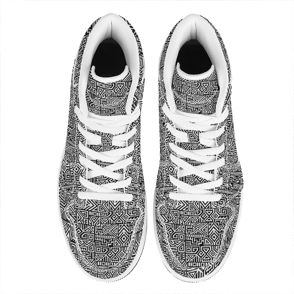 Black And White Geometric African Print High Top Leather Sneakers