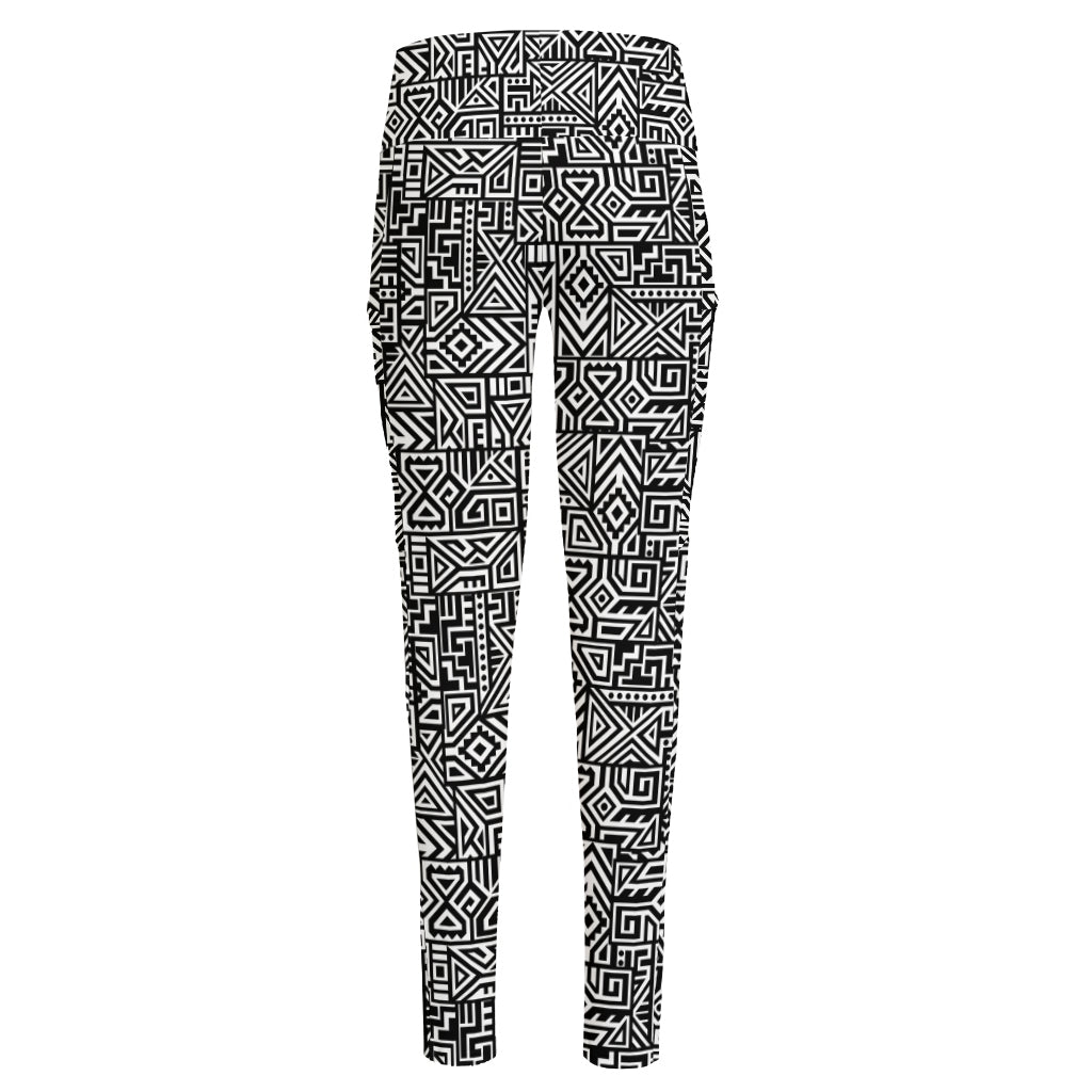 Black And White Geometric African Print High-Waisted Pocket Leggings