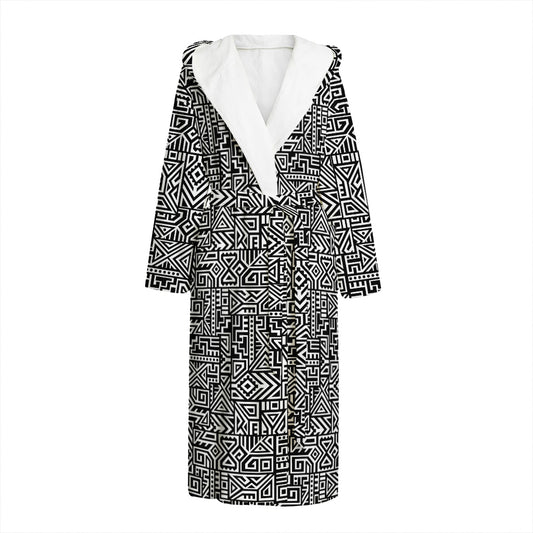 Black And White Geometric African Print Hooded Bathrobe
