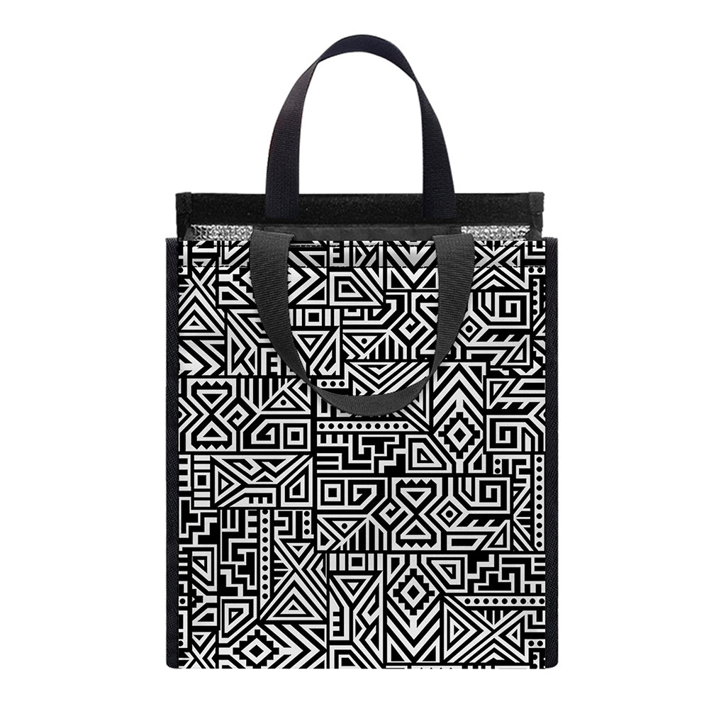 Black And White Geometric African Print Insulated Lunch Tote