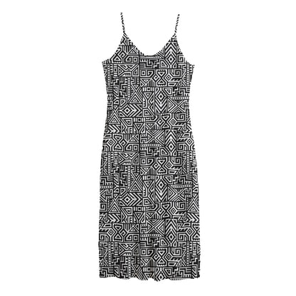 Black And White Geometric African Print Jersey Midi Cami Dress