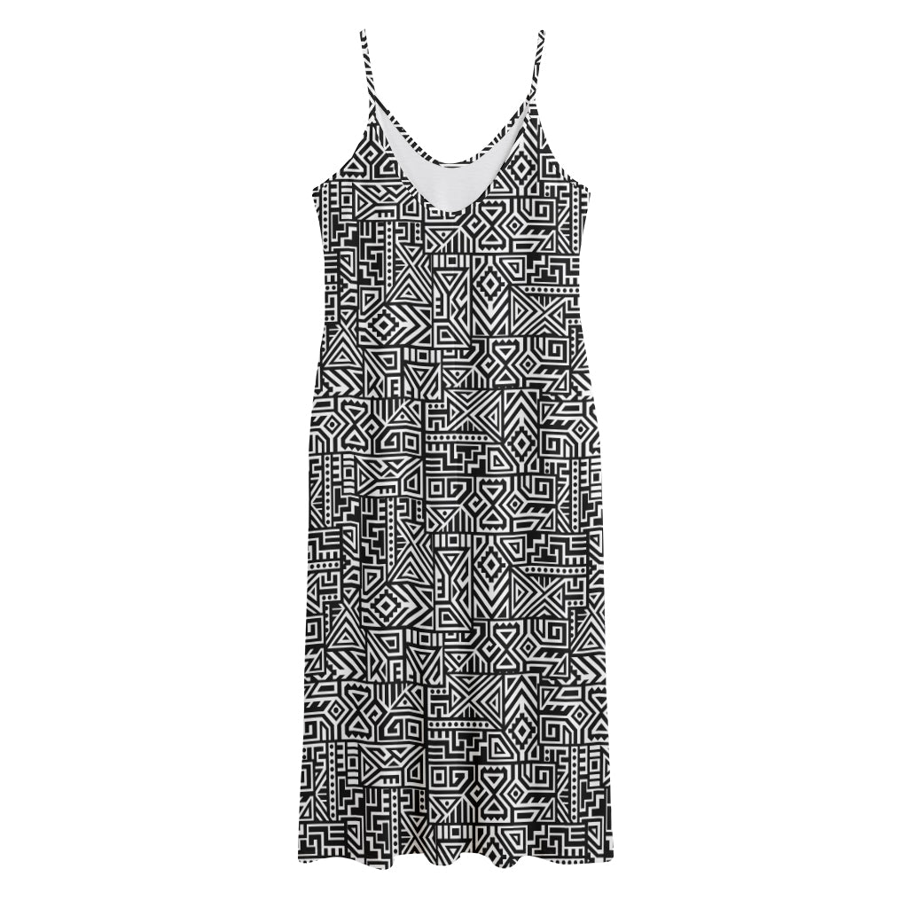 Black And White Geometric African Print Jersey Midi Cami Dress