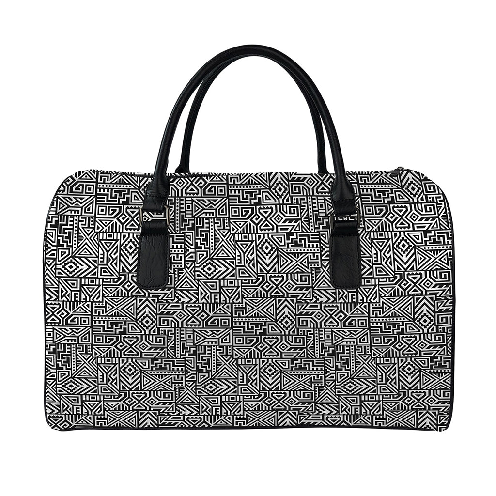 Black And White Geometric African Print Leather Duffle Bag