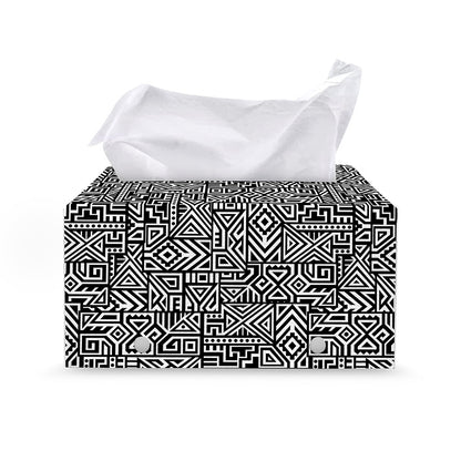 Black And White Geometric African Print Leather Tissue Box Cover