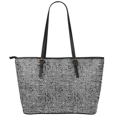 Black And White Geometric African Print Leather Tote Bag