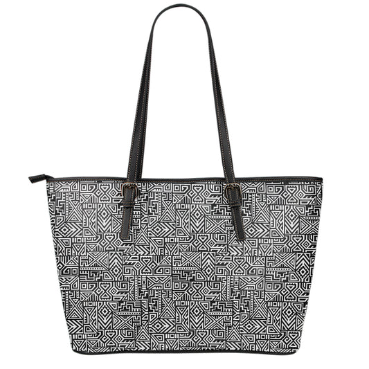Black And White Geometric African Print Leather Tote Bag