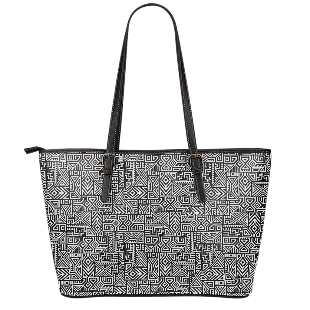 Black And White Geometric African Print Leather Tote Bag