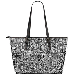 Black And White Geometric African Print Leather Tote Bag