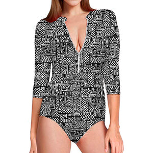 Black And White Geometric African Print Long Sleeve Swimsuit