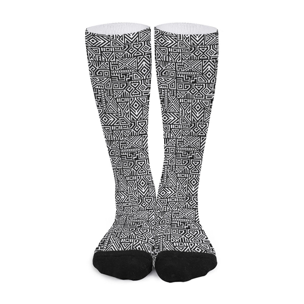 Black And White Geometric African Print Long Socks