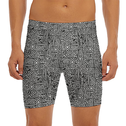 Black And White Geometric African Print Men's Long Boxer Briefs