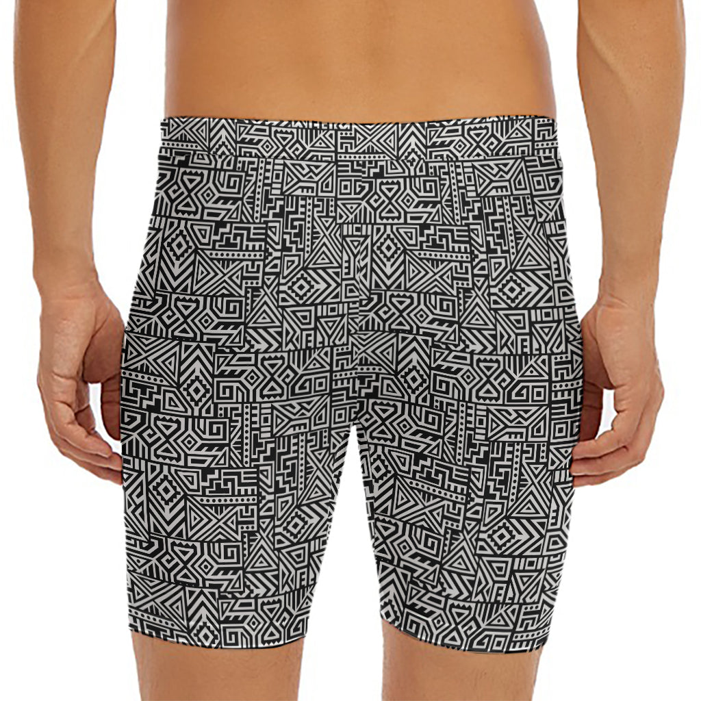 Black And White Geometric African Print Men's Long Boxer Briefs