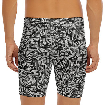 Black And White Geometric African Print Men's Long Boxer Briefs