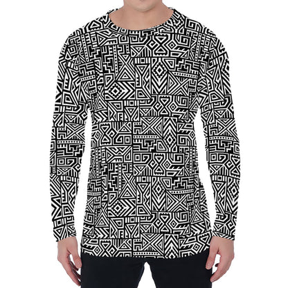 Black And White Geometric African Print Men's Long Sleeve T-Shirt