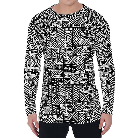 Black And White Geometric African Print Men's Long Sleeve T-Shirt