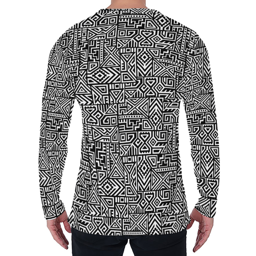 Black And White Geometric African Print Men's Long Sleeve T-Shirt