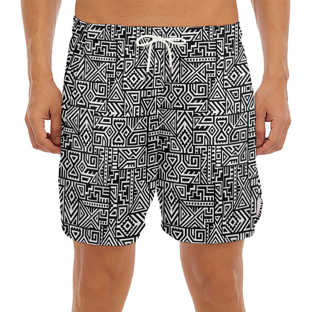 Black And White Geometric African Print Men's Split Running Shorts