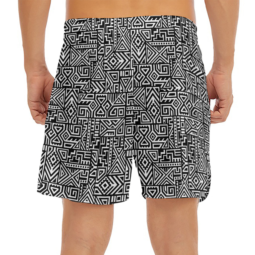 Black And White Geometric African Print Men's Split Running Shorts