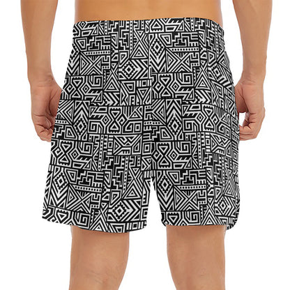 Black And White Geometric African Print Men's Split Running Shorts