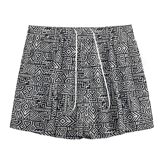 Black And White Geometric African Print Mesh Shorts