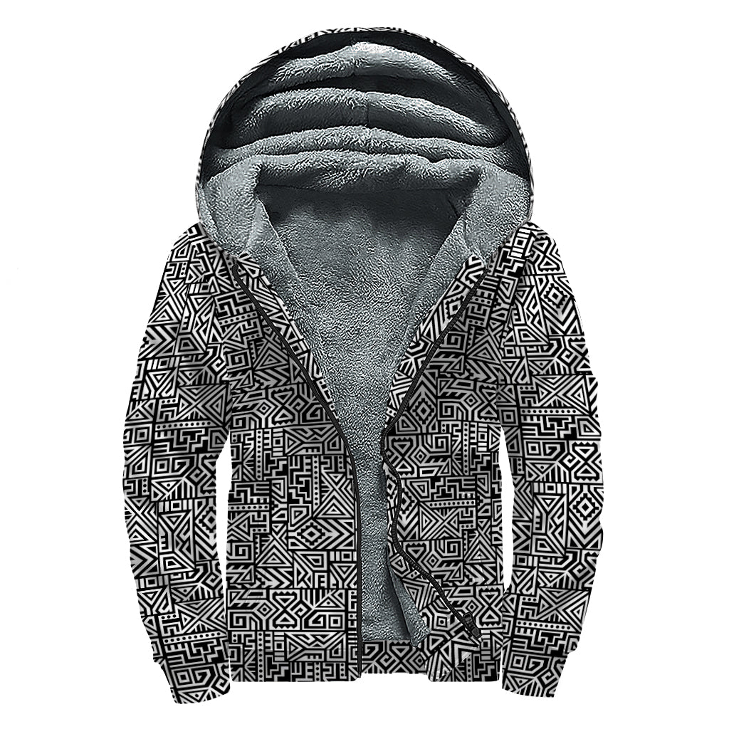 Black And White Geometric African Print Sherpa Lined Zip Up Hoodie