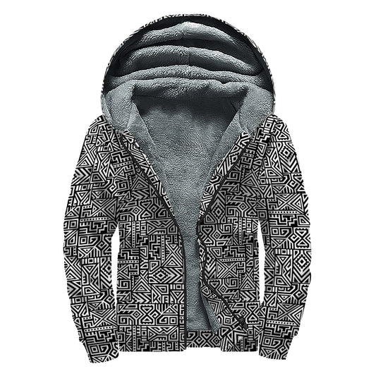 Black And White Geometric African Print Sherpa Lined Zip Up Hoodie