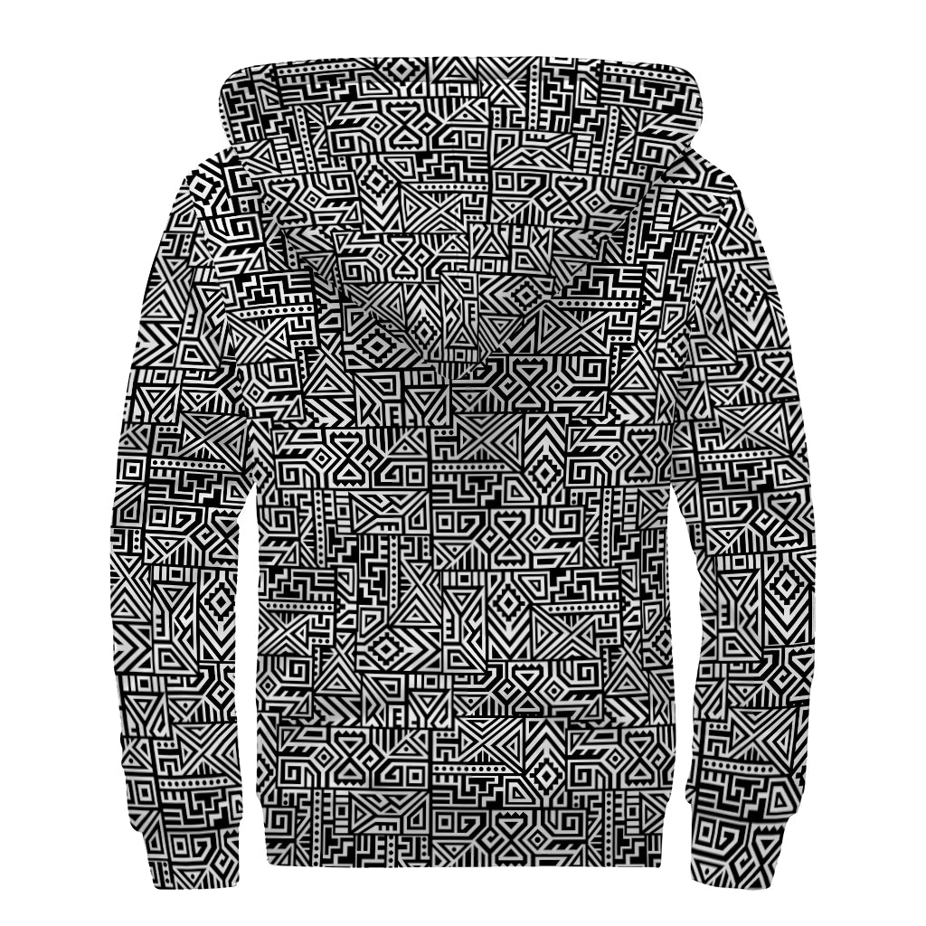 Black And White Geometric African Print Sherpa Lined Zip Up Hoodie