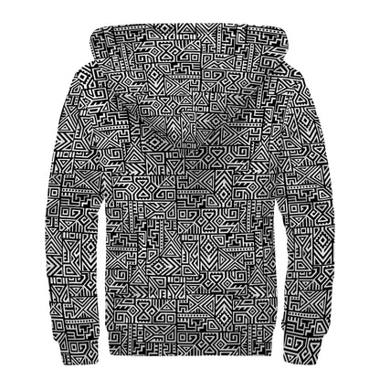 Black And White Geometric African Print Sherpa Lined Zip Up Hoodie