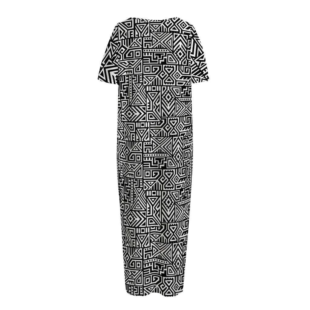 Black And White Geometric African Print Short Sleeve Long Nightdress