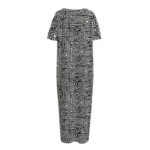 Black And White Geometric African Print Short Sleeve Long Nightdress