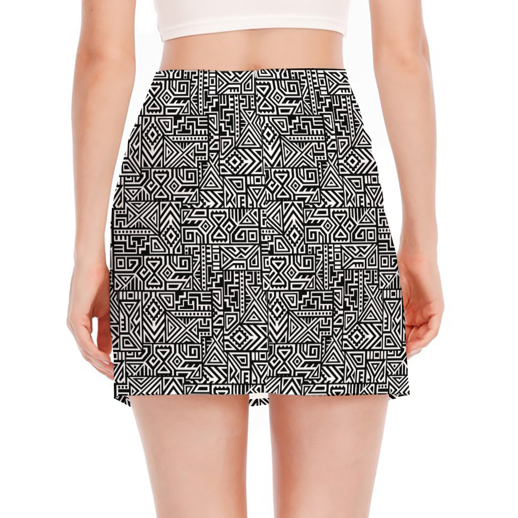 Black And White Geometric African Print Side Slit Mini Skirt