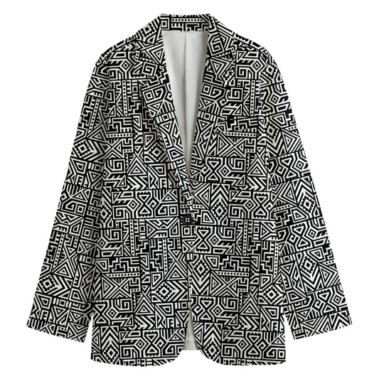Black And White Geometric African Print Women's Cotton Blazer