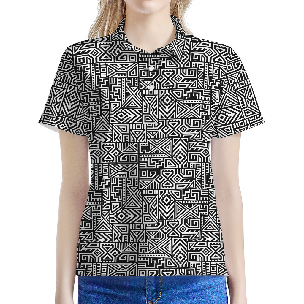 Black And White Geometric African Print Women's Polo Shirt