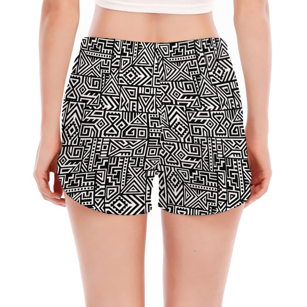 Black And White Geometric African Print Women's Split Running Shorts