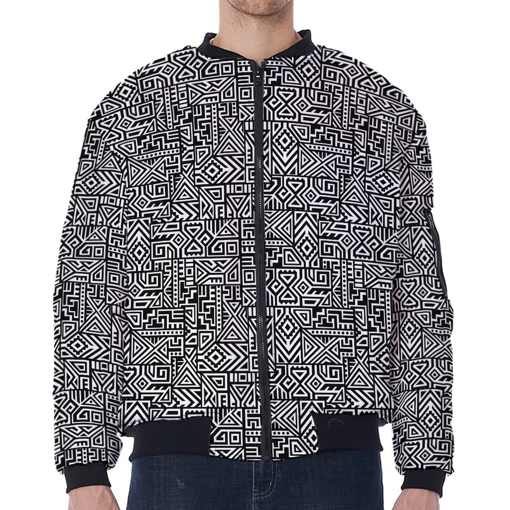 Black And White Geometric African Print Zip Sleeve Bomber Jacket