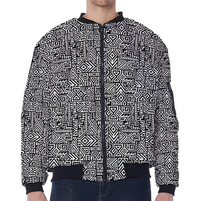 Black And White Geometric African Print Zip Sleeve Bomber Jacket