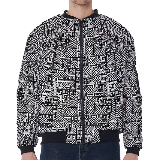 Black And White Geometric African Print Zip Sleeve Bomber Jacket