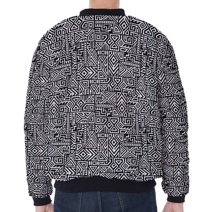 Black And White Geometric African Print Zip Sleeve Bomber Jacket