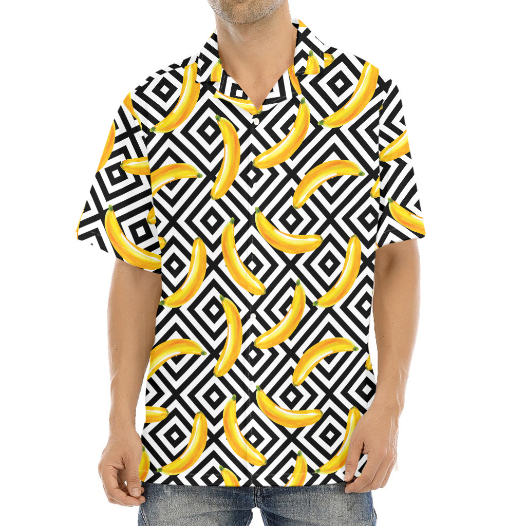 Black And White Geometric Banana Print Aloha Shirt