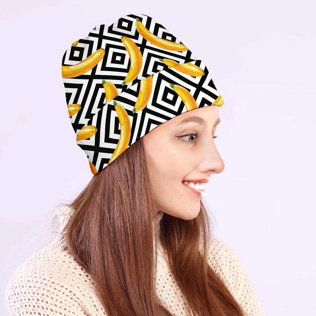 Black And White Geometric Banana Print Beanie