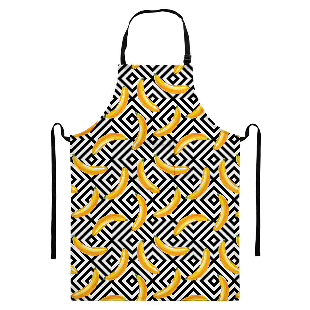 Black And White Geometric Banana Print Bib Apron With Pocket