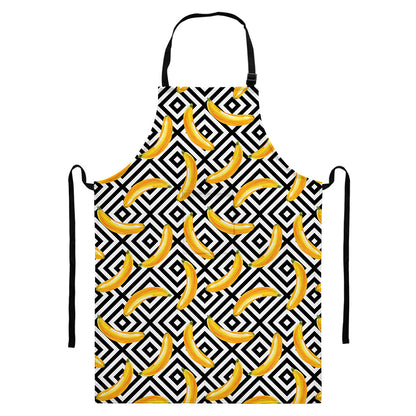 Black And White Geometric Banana Print Bib Apron With Pocket
