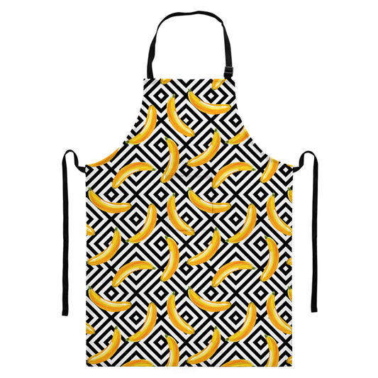 Black And White Geometric Banana Print Bib Apron With Pocket