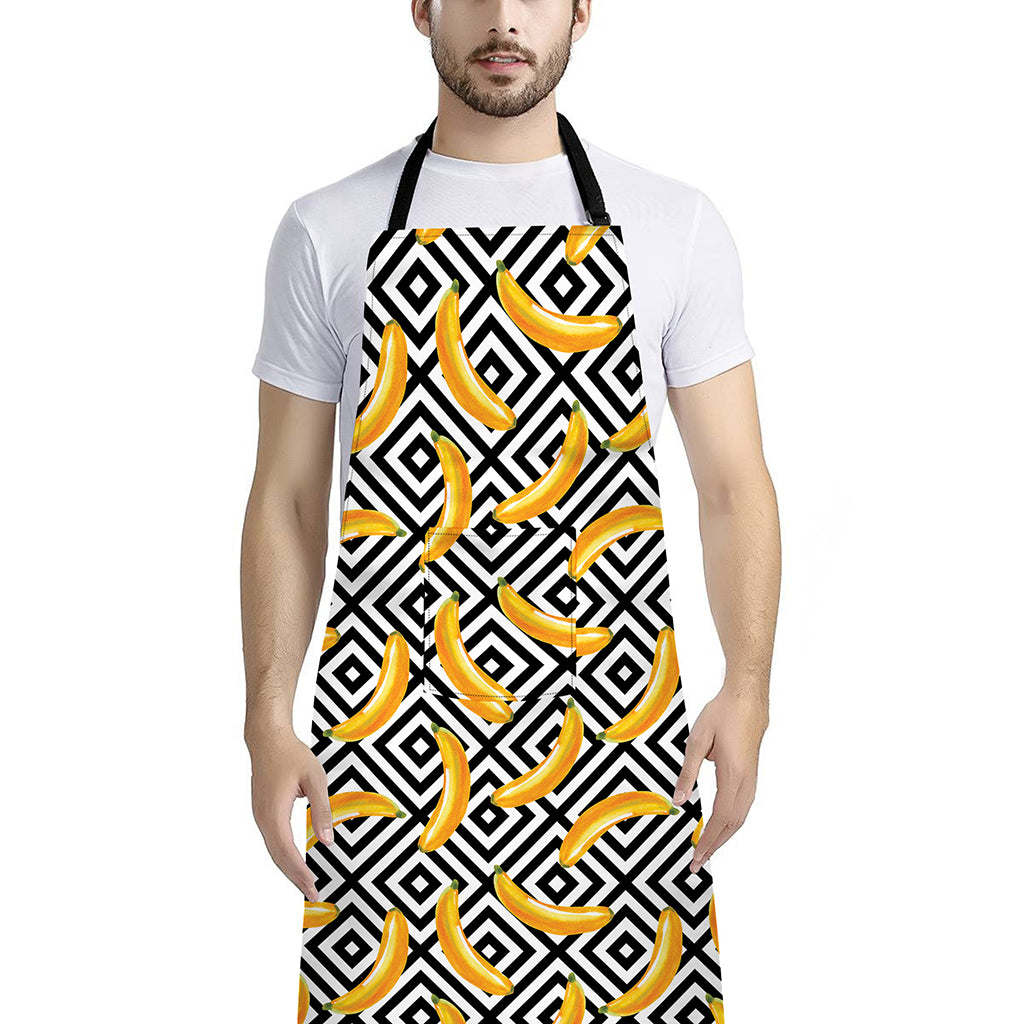 Black And White Geometric Banana Print Bib Apron With Pocket