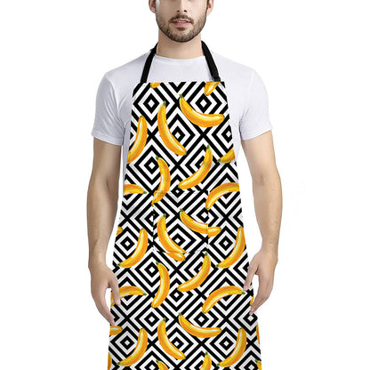 Black And White Geometric Banana Print Bib Apron With Pocket