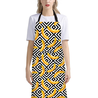 Black And White Geometric Banana Print Bib Apron With Pocket