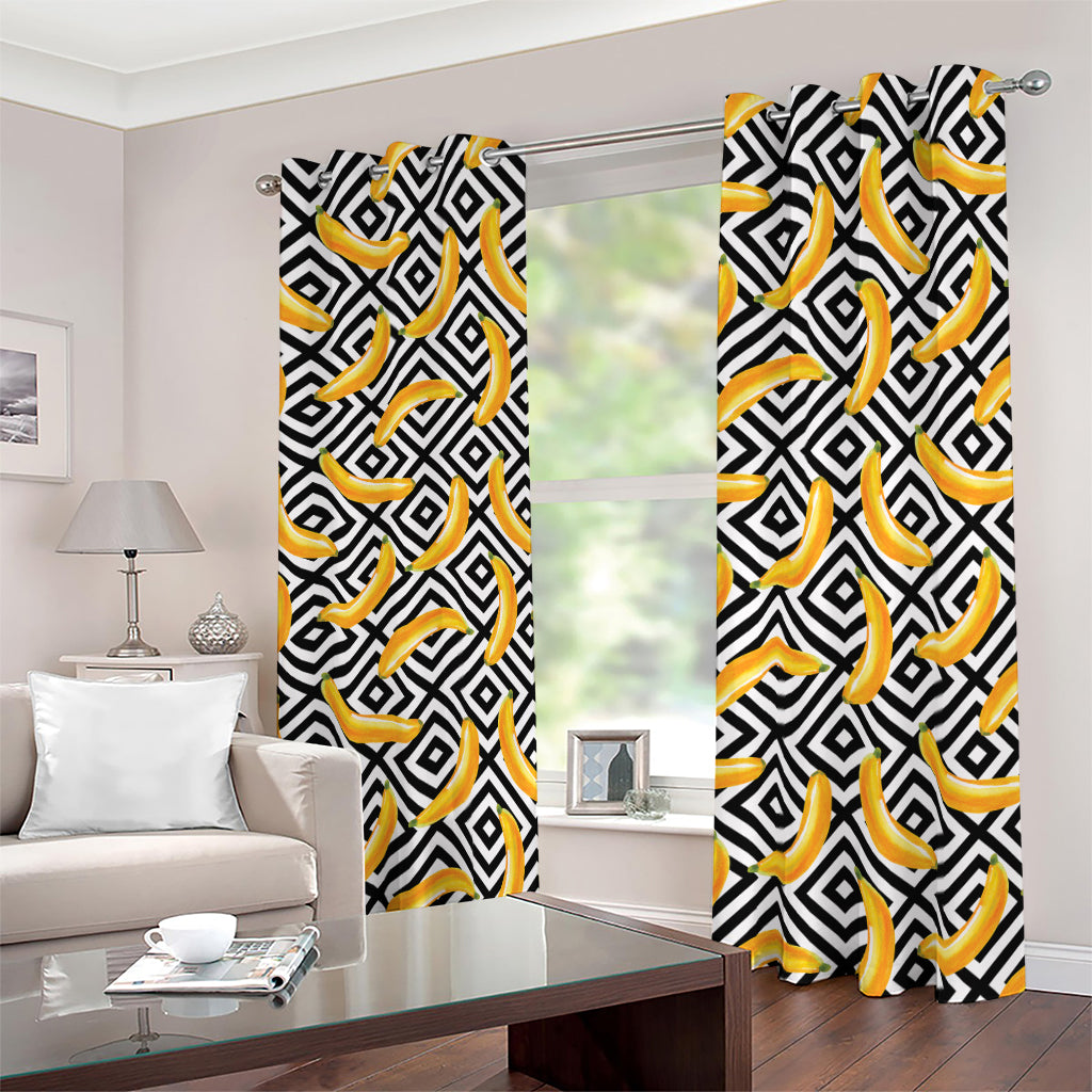 Black And White Geometric Banana Print Blackout Grommet Curtains